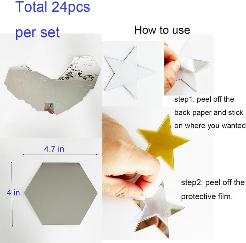 TVPHLLY 24pcs Silver Hexagon Mirror Acrylic Wall Stickers with Adhesive Art Decal Satin Paper Baby Kids Bedroom Home DIY Decor Removable Stickers (Hexagon Silver) - Image 5